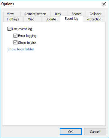 Event log tab in the Options dialog