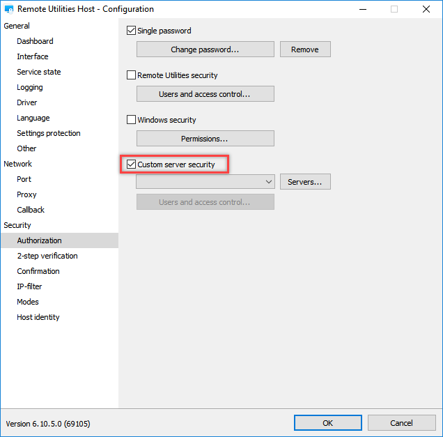 Custom server security in Host settings