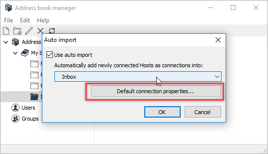 Default connection properties button