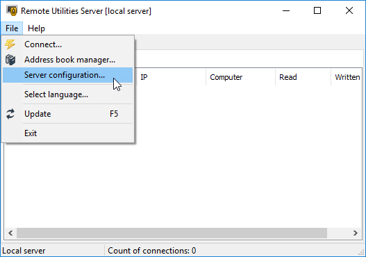 File menu - Admin Console
