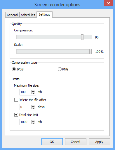 Screen Recorder options, Settings tab