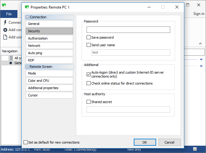 Auto-logon option selected in the Security tab