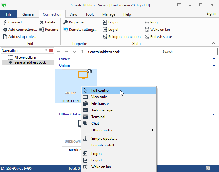 Address book right-click menu, Full control item