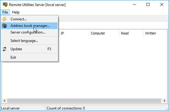 Admin console File menu