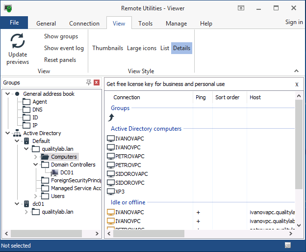 Active Directory PCs shown in the Viewer